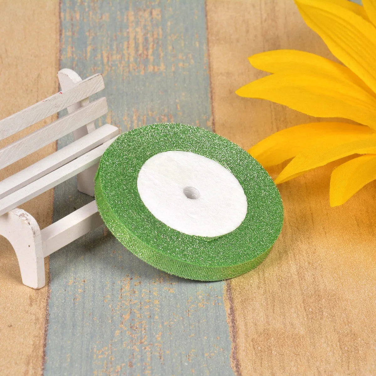 Colourful green onion pattern polyester ribbon with gold wire detailing, 1cm wide.