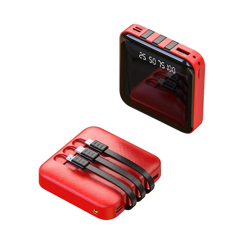 Square black or red power bank with a built-in charging cable protruding from the case.