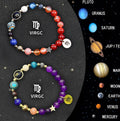 Natural stone beaded zodiac bracelet set showing twelve astrology constellation designs with adjustable cord