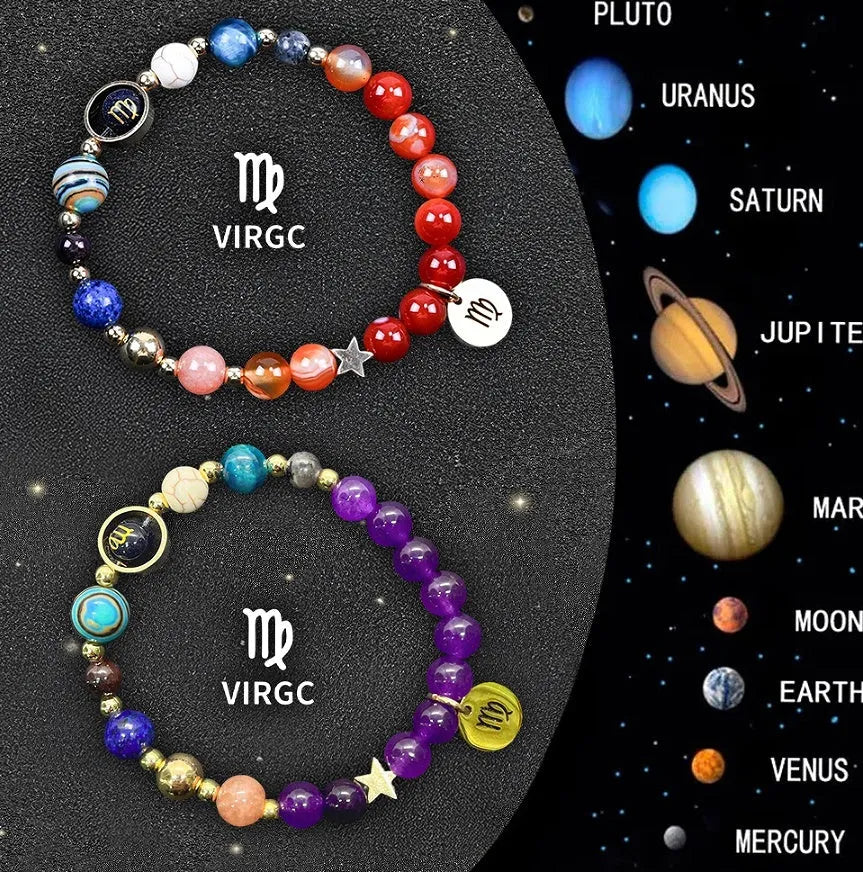 Natural stone beaded zodiac bracelet set showing twelve astrology constellation designs with adjustable cord