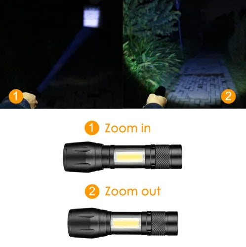 Mini black aluminium LED torch with telescopic zoom and clip for carrying