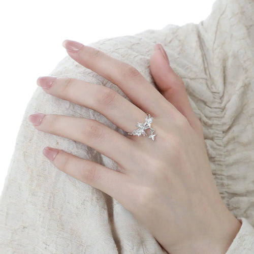 Adjustable silver butterfly ring for women in white gold or 18K gold electroplated finish.