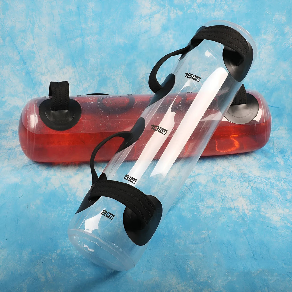 Transparent inflatable PVC bag filled with water, serving as an adjustable weight for strength training.