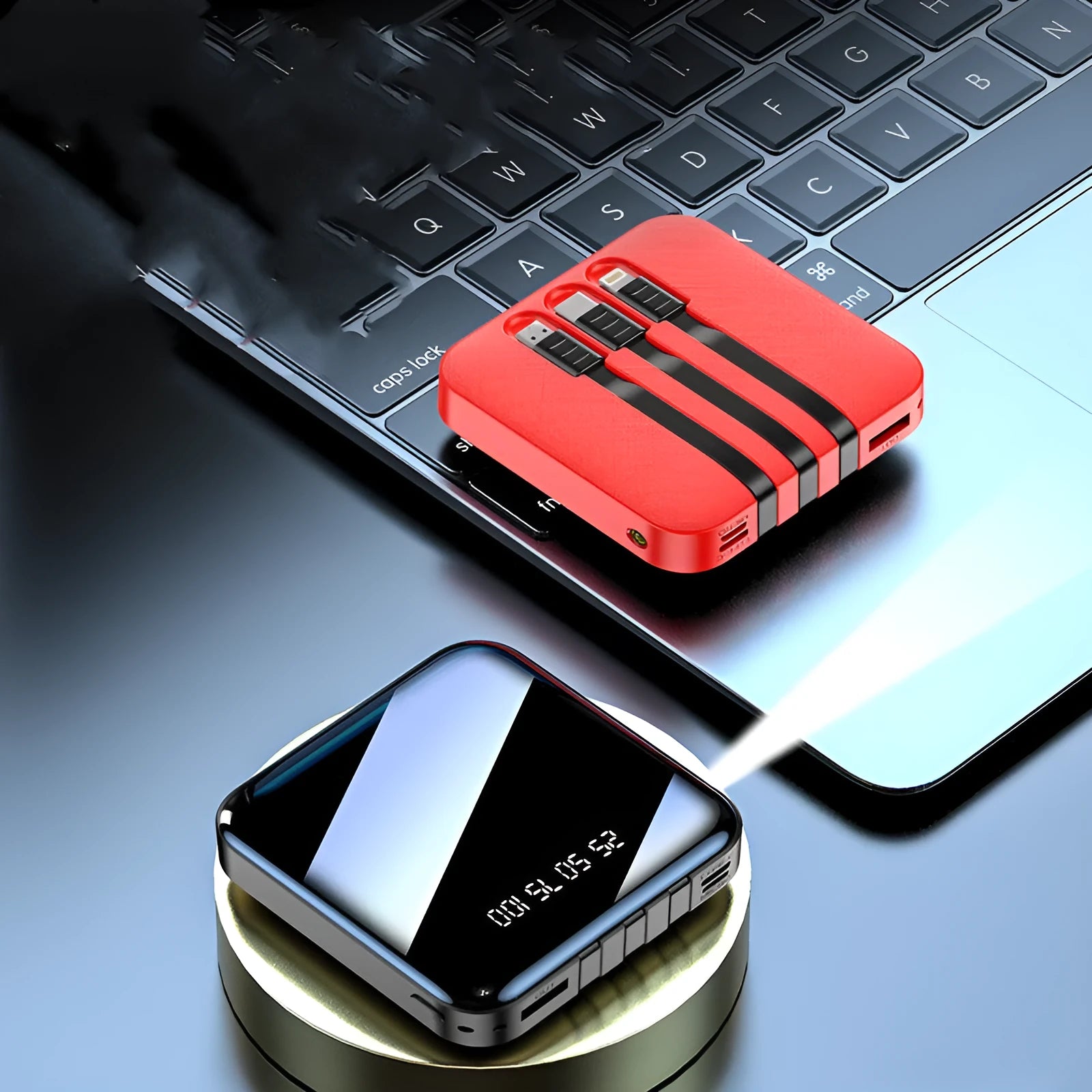 Square black or red power bank with a built-in charging cable protruding from the case.