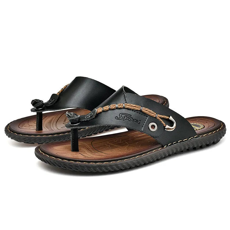 Men's non-slip lightweight slippers in PU leather, shown in black, blue, khaki, and light brown colours.