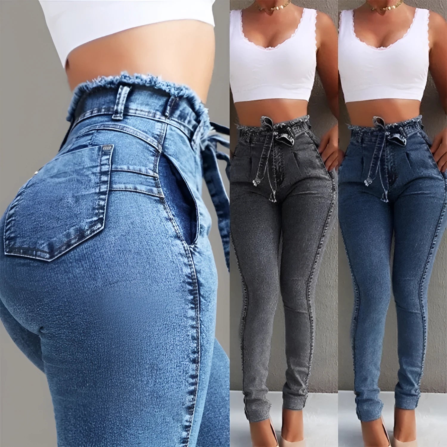 Fringed jeans in cowboy fabric showing decorative fringe trim along hem in available colours
