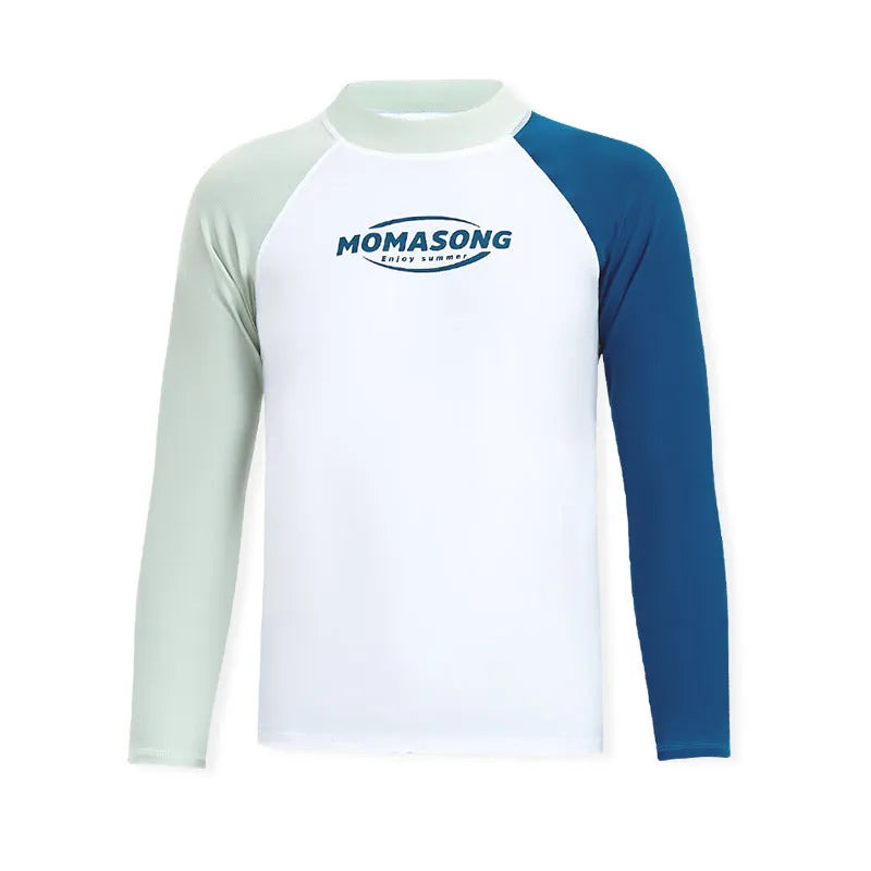 Men's white long-sleeved swim top and matching trunks set for sun protection water sports