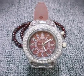 Women's LED luminous quartz watch with 43mm round dial and silicone strap