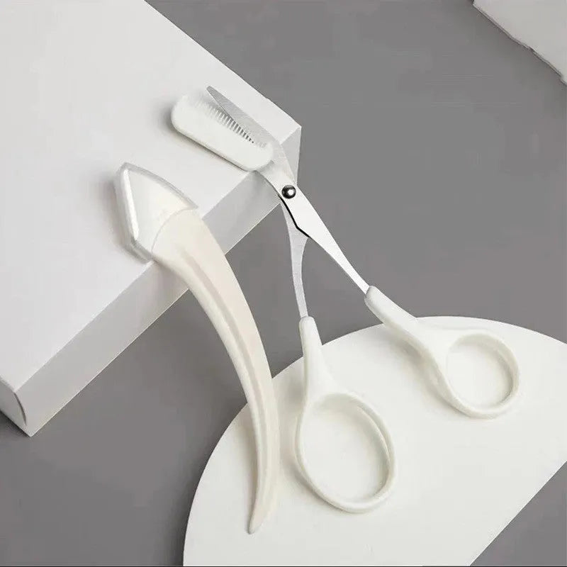 Curved moon eyebrow trimming knife with cutting comb in stainless steel and plastic construction