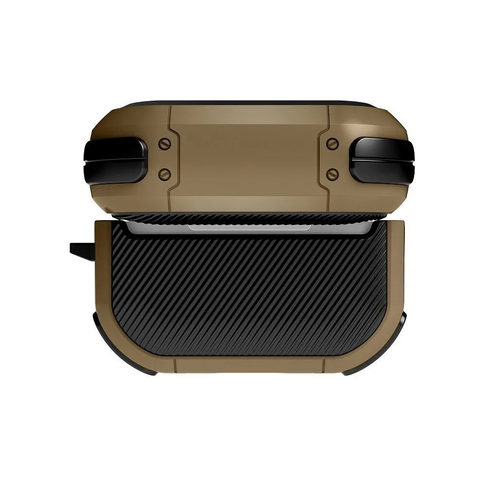Black AirPods Pro protective shell case made from TPU and PC material shown next to an open case.