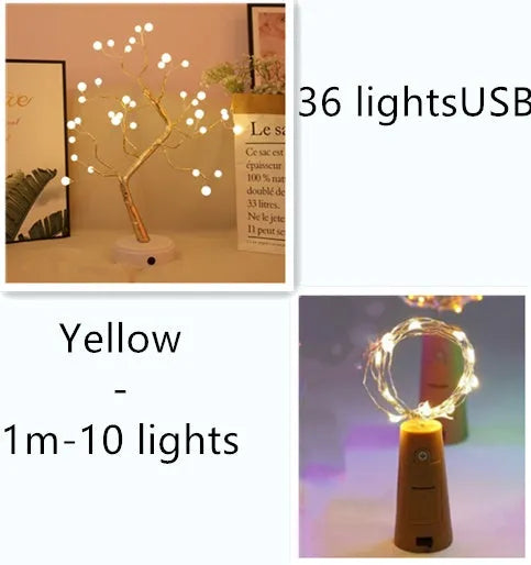 Silver wire LED string lights coiled around wine bottle with illuminated bulbs and bottle stopper fitting