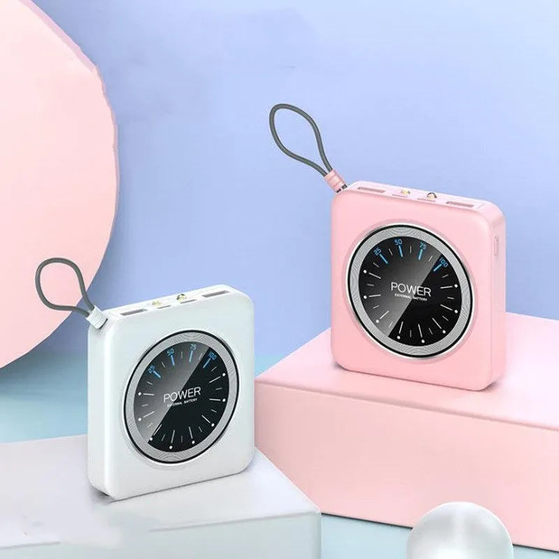 Mini clock charger power bank with digital display in alloy case showing multi-USB ports