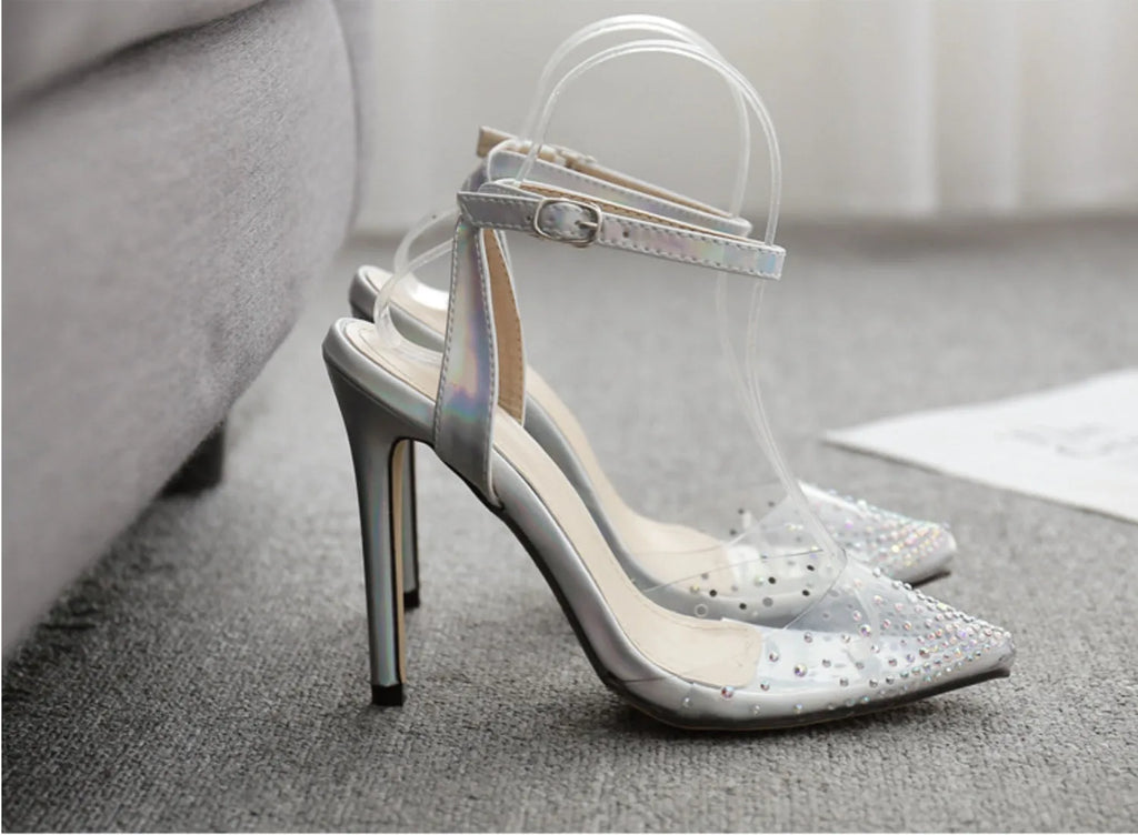 Women's pointed toe sandals with diamond detailing and stiletto heels