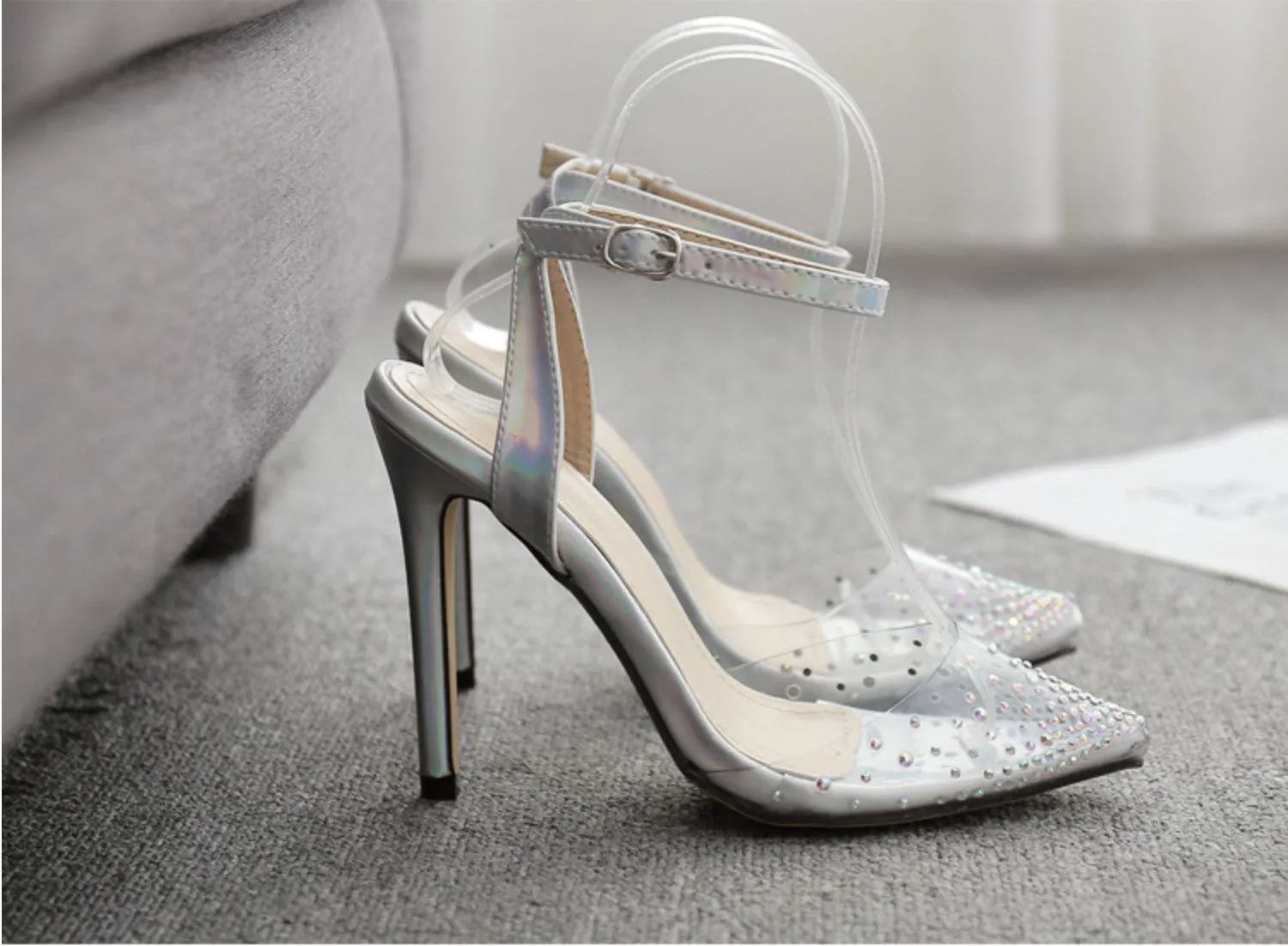 Women's pointed toe sandals with diamond detailing and stiletto heels