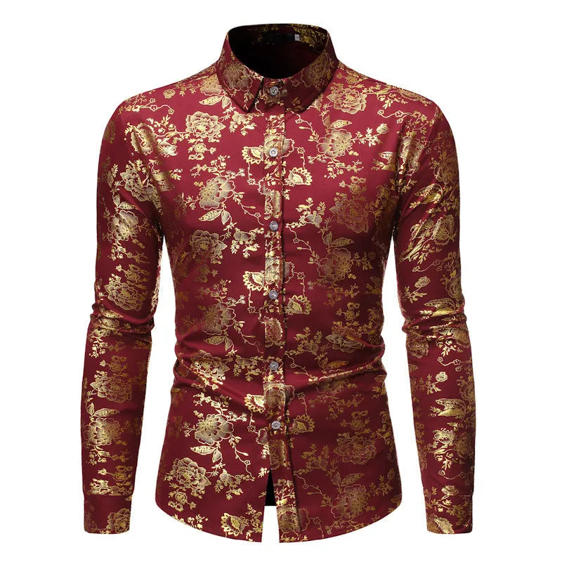 Man wearing a wine red casual shirt with a printed lapel and long sleeves