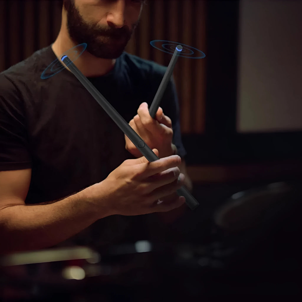 Black somatosensory air drum kit with wireless connectivity and LED lighting