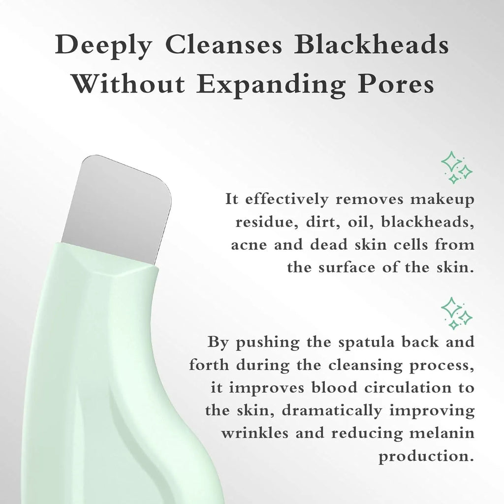 Stainless steel blackhead scraper tool with a non-slip handle for facial pore cleansing.