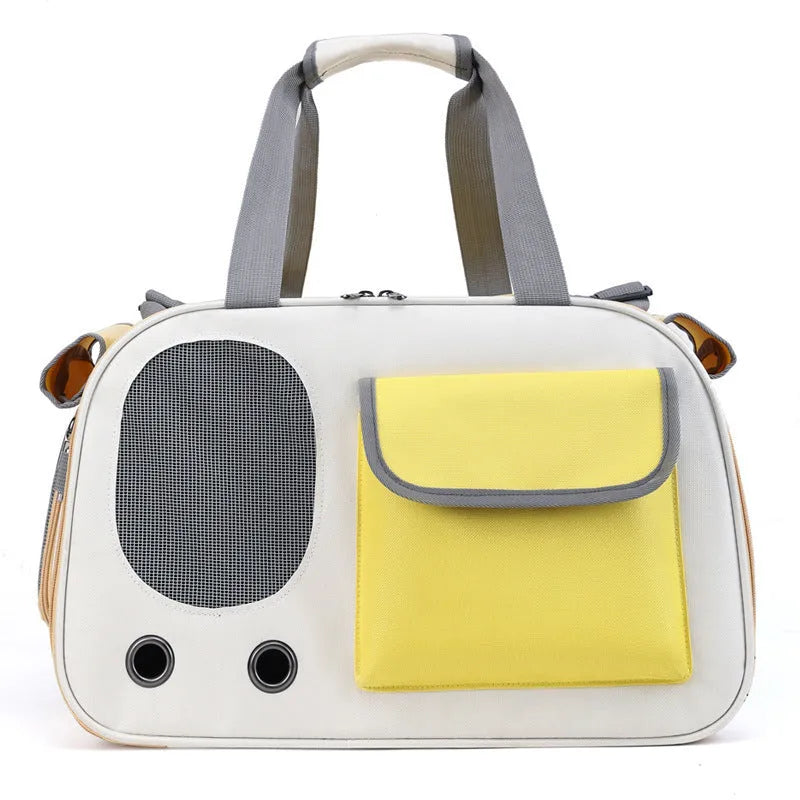 Canvas pet bag in yellow colour showing foldable single shoulder design for cat or small dog transport