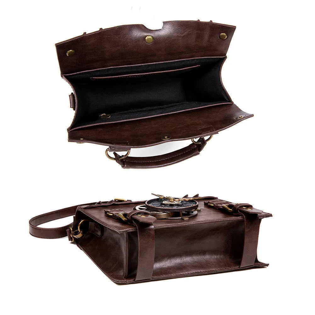 Bronze steampunk industrial retro style shoulder bag with metal details and pillow shape.