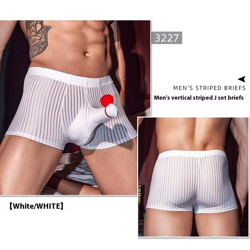 Men's black striped boxer briefs made from high-elastic nylon fabric.
