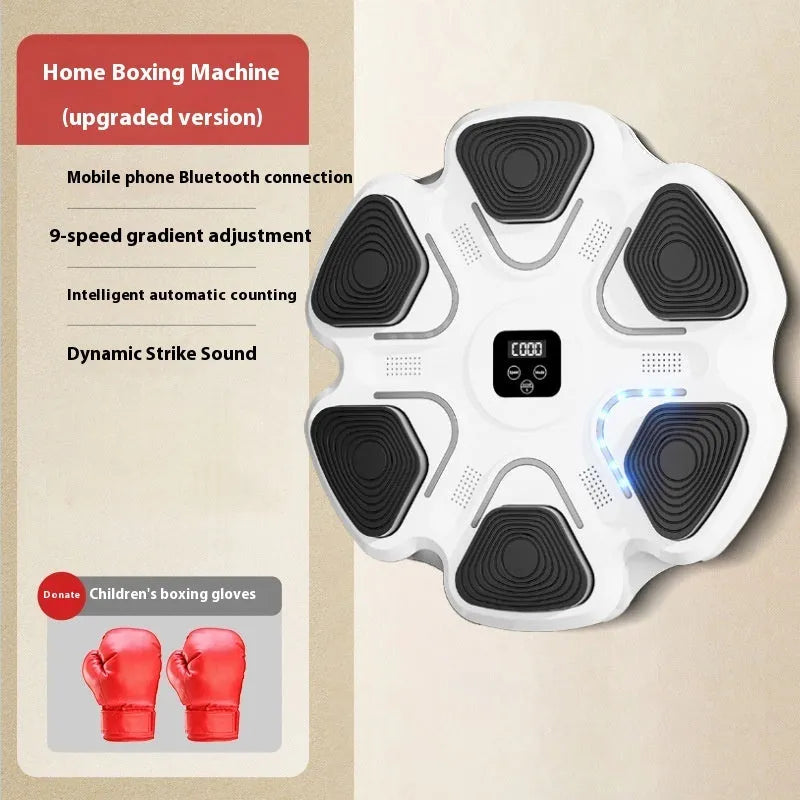 Smart electronic boxing target mounted on a wall, with black and white boxing gloves for reaction training.
