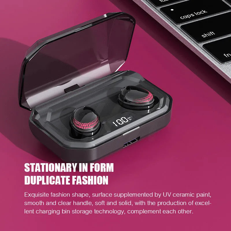 Black Bluetooth wireless headset with charging case showing compact design