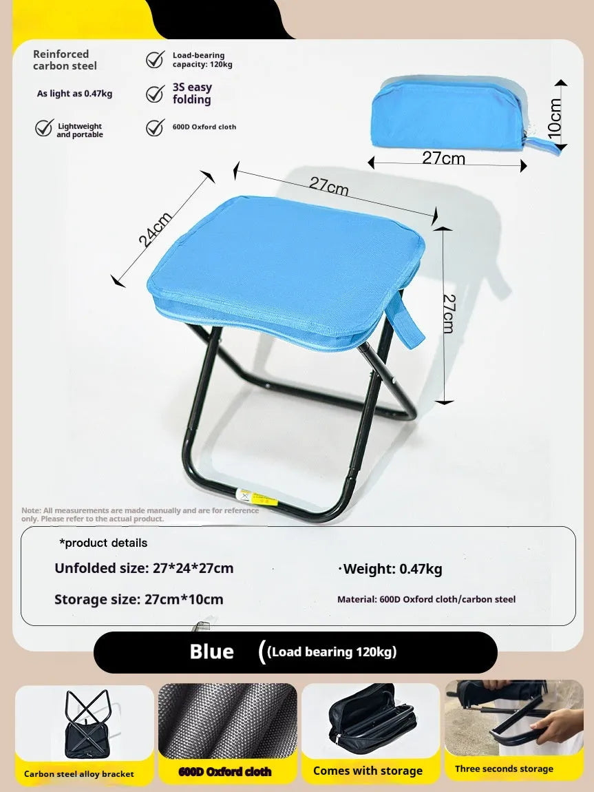 A folded lightweight camp stool in oxford cloth, shown in one of six available colours: black, blue, green, khaki, khaki red, or yellow.