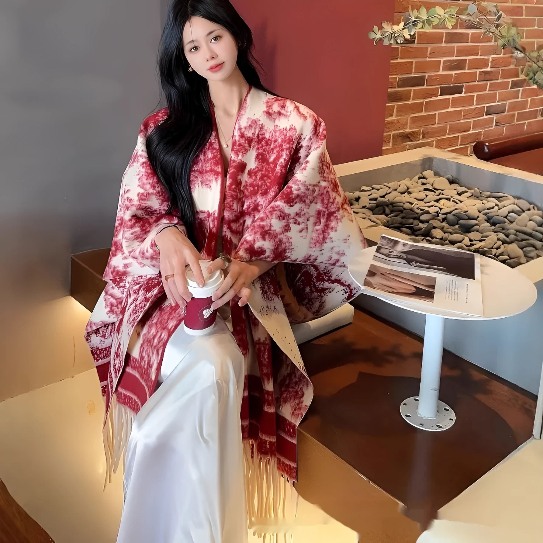 Women's polyester scarf cape with tassel edges worn as shawl in casual style