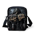 Children's skull print messenger bag with double straps and 20-35 litre capacity