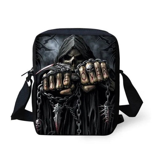 Children's skull print messenger bag with double straps and 20-35 litre capacity
