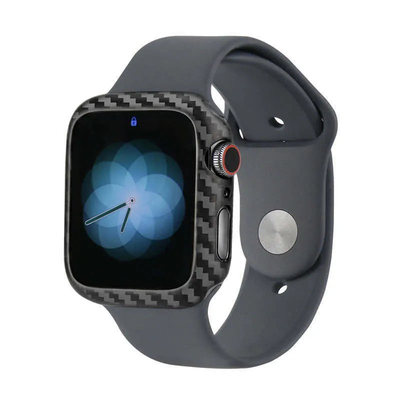 Ultra-thin black carbon fibre half-wrap case for a 44mm Apple Watch Series 4 on a leather band.