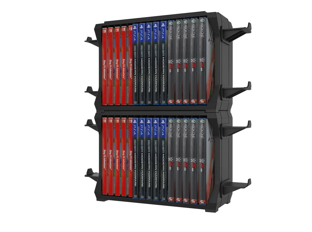 Black PS5 and Xbox Series X disc holder with four controller storage slots
