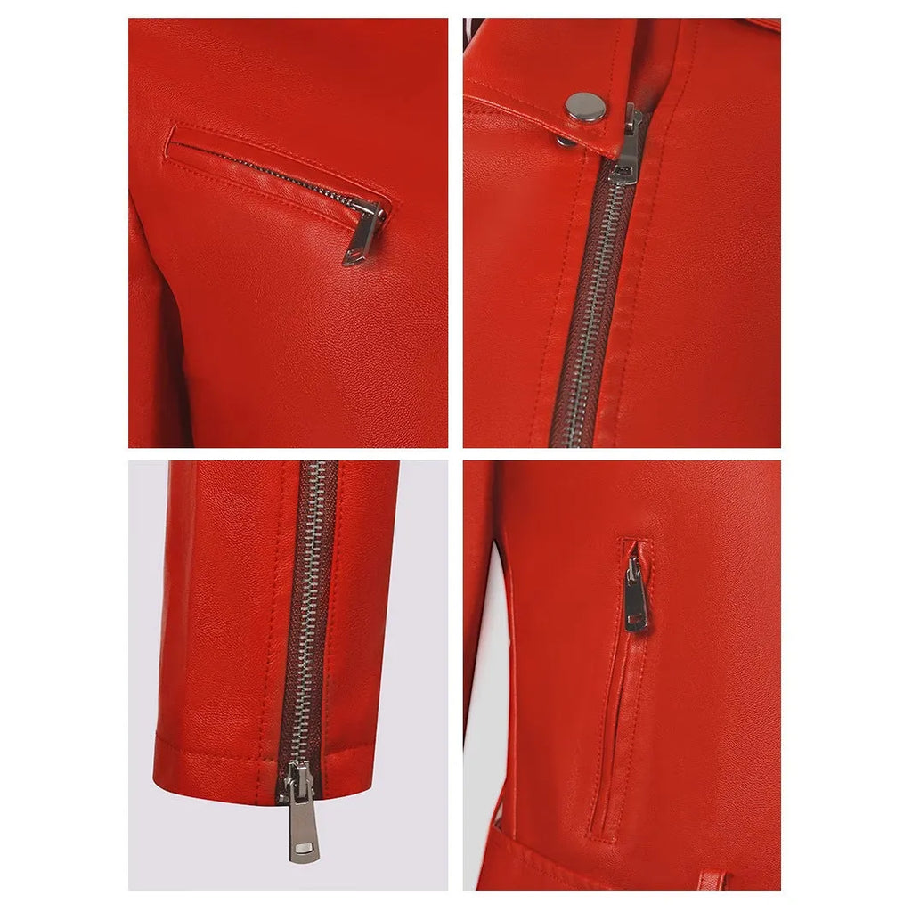 Women's black PU leather jacket with lapel waist belt on hanger