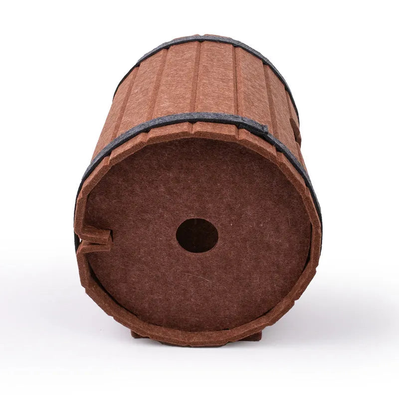 Brown polyester felt wine barrel-shaped pet bed for cats and small dogs