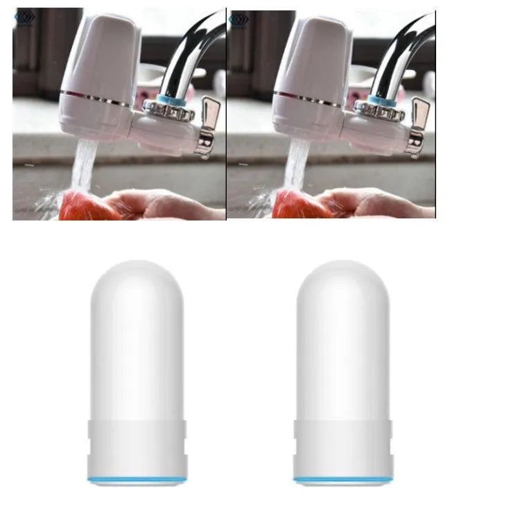 White plastic faucet-mounted water filter with ceramic cartridge and tap adapters