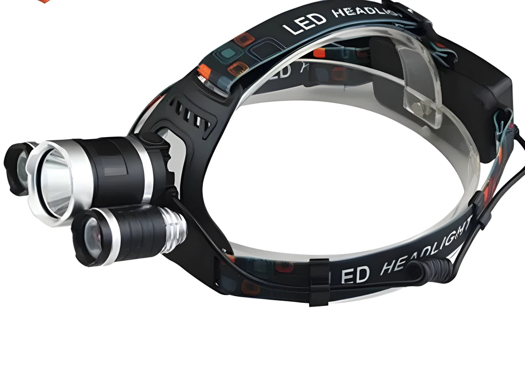 Rechargeable aluminium LED head torch with adjustable headband on a black background.