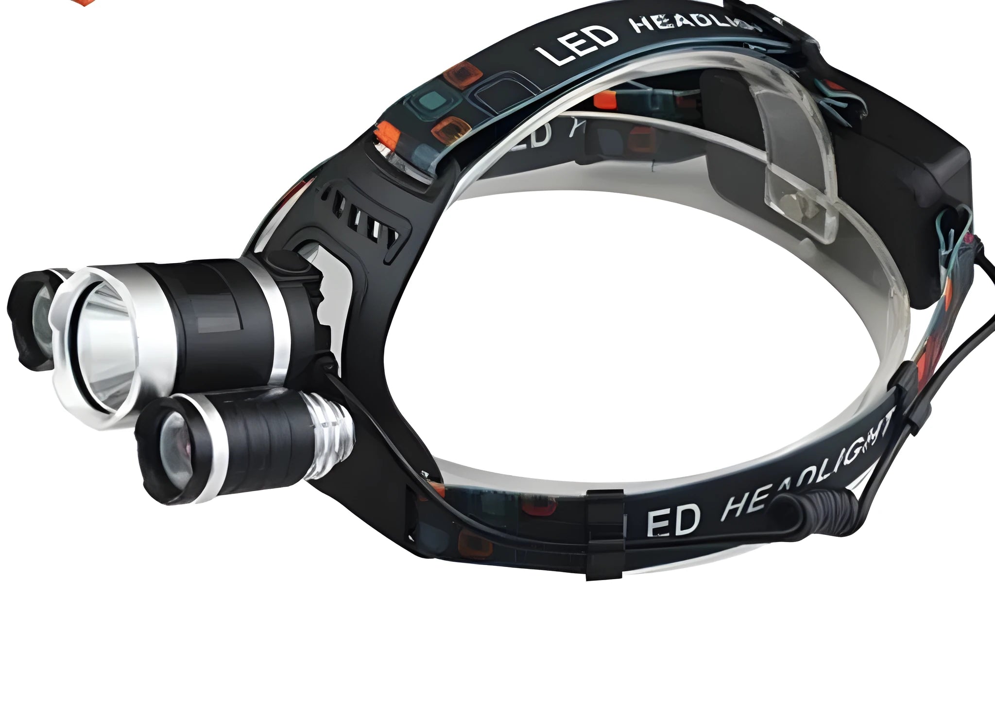 Rechargeable aluminium LED head torch with adjustable headband on a black background.
