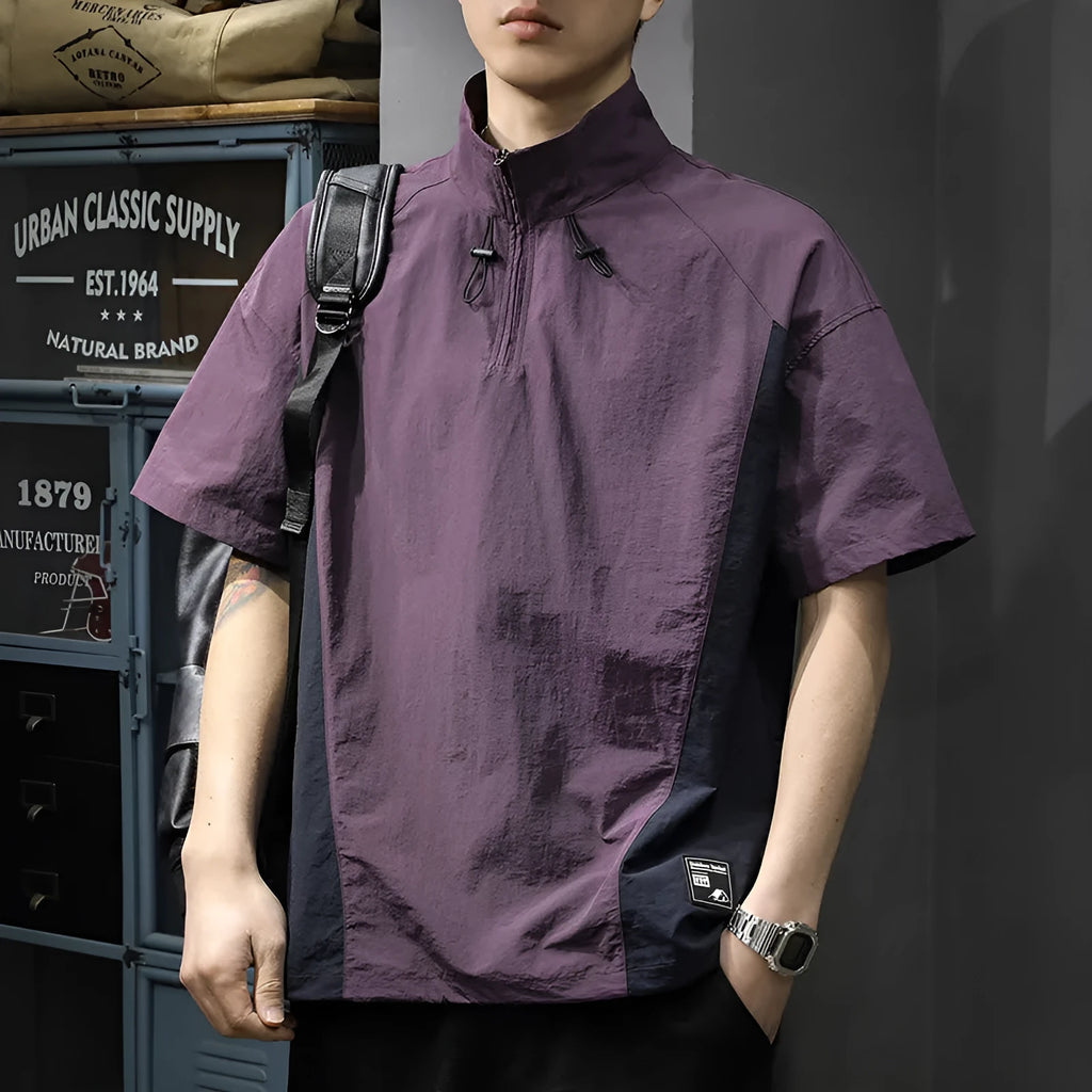 Men's brown half-zip stand collar shirt with short sleeves and loose fit summer design