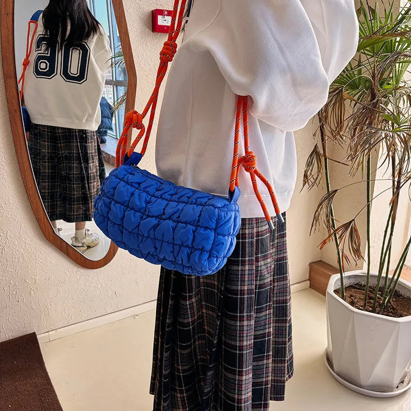Women's lightweight nylon messenger bag with pillow shape and rhombus pattern in crossbody style