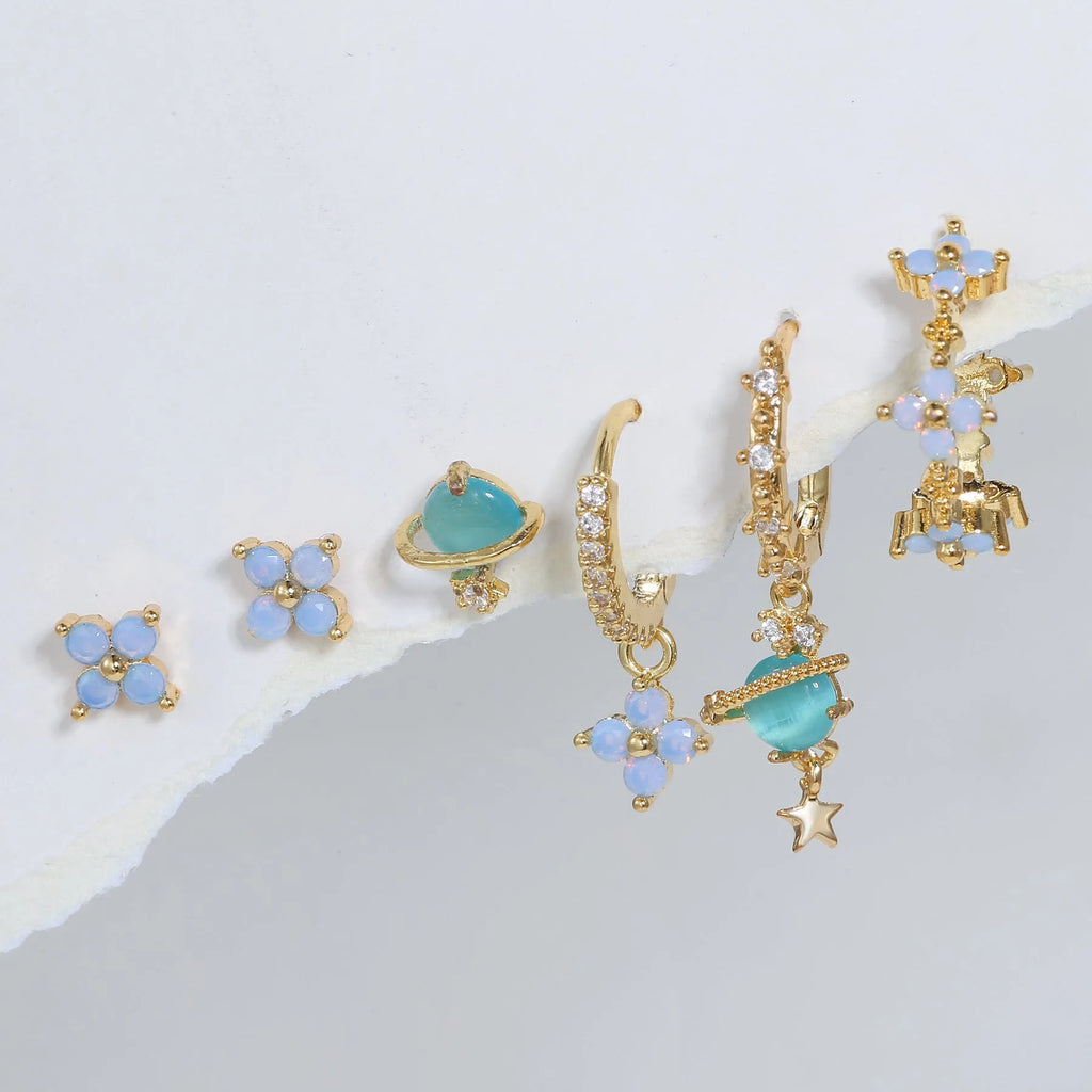 Gold or silver flower nail design ear studs with zircon mosaic accents