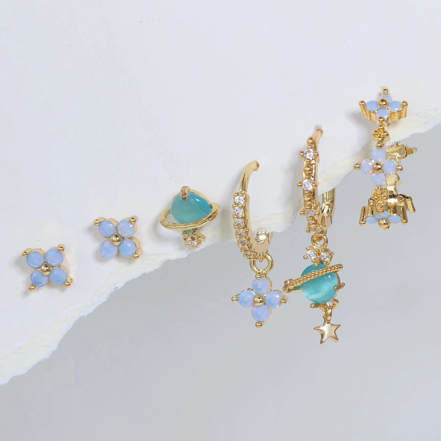 Gold or silver flower nail design ear studs with zircon mosaic accents