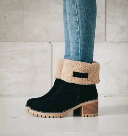 Women's suede mid-tube snow boots with a thick low heel in various colours