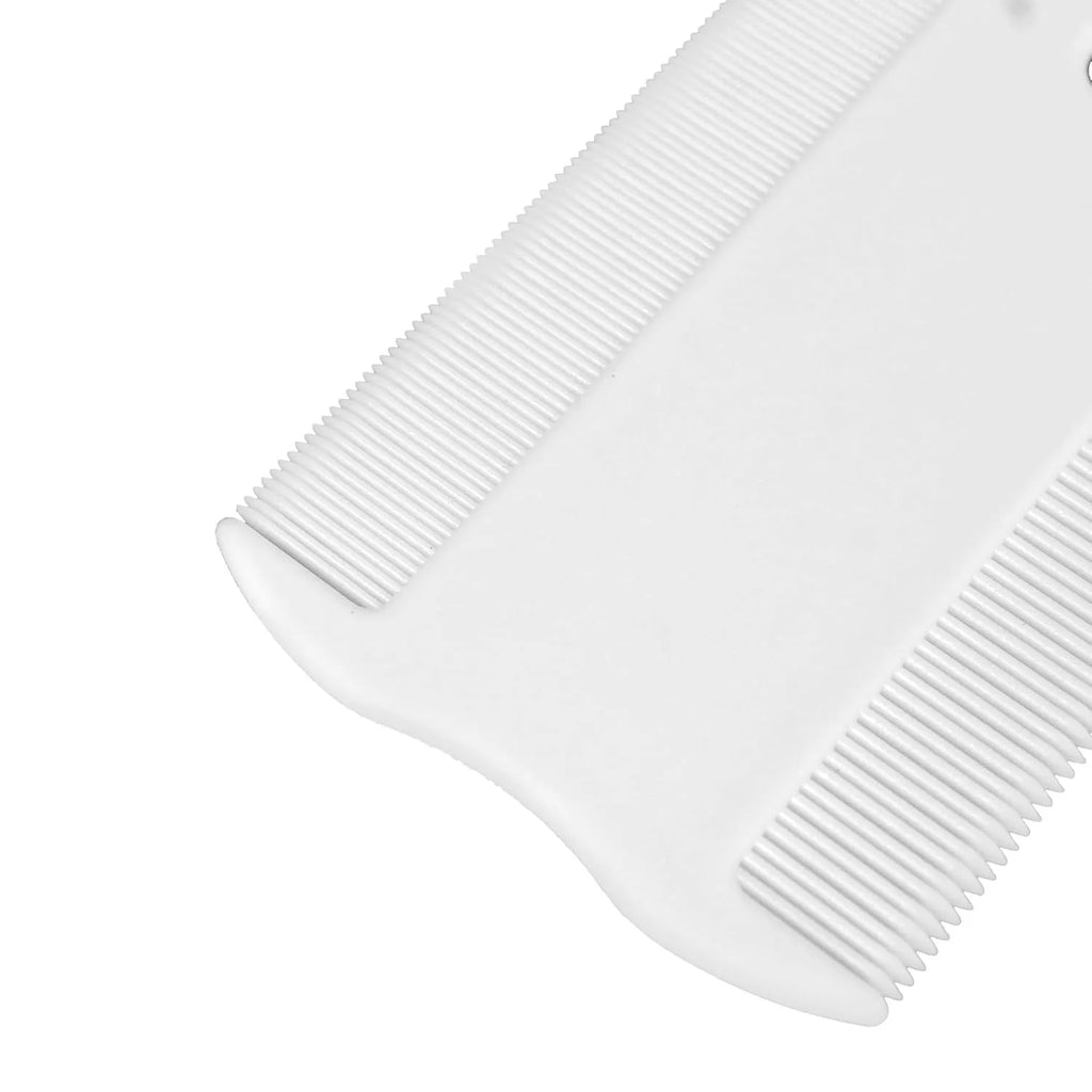 A small white plastic double-sided flea comb with dense teeth for dogs and cats.