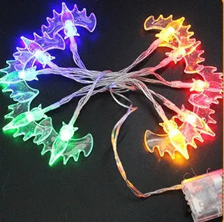 Halloween LED string lights with pumpkin, ghost, and bat pendants in multi-colour light mode