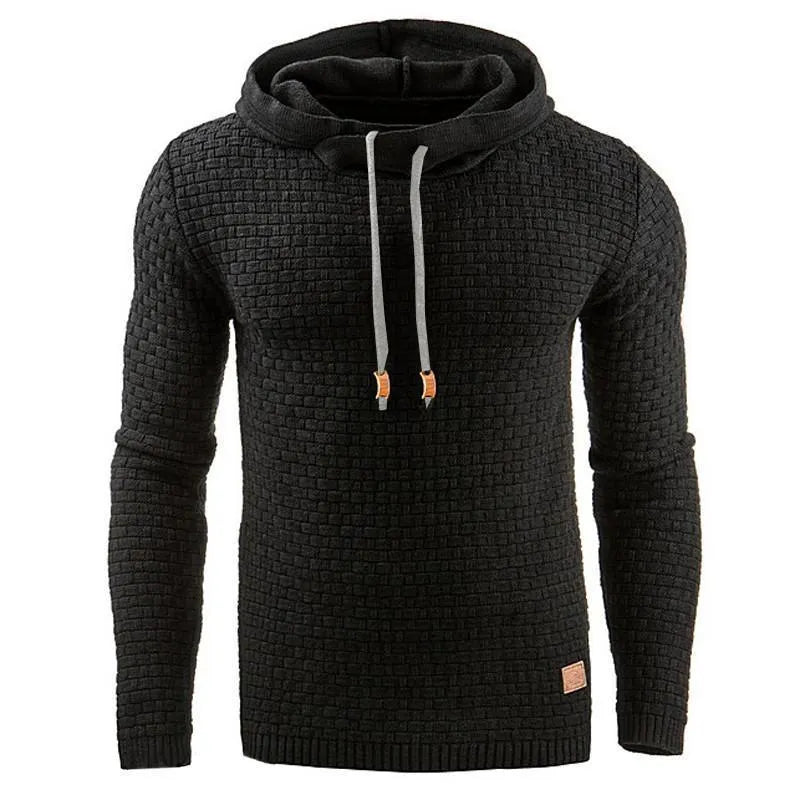 A men's hoodie sweater in a cotton-polyester blend, shown in one of nine available colours including black, navy, or grey.