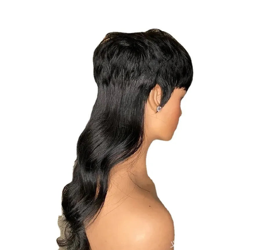 T7262 Black synthetic Brazilian wig with long straight hair and front bangs.