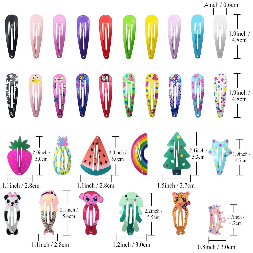 Assorted metal snap hair clips in bright colours showing animal, fruit, crown and star designs