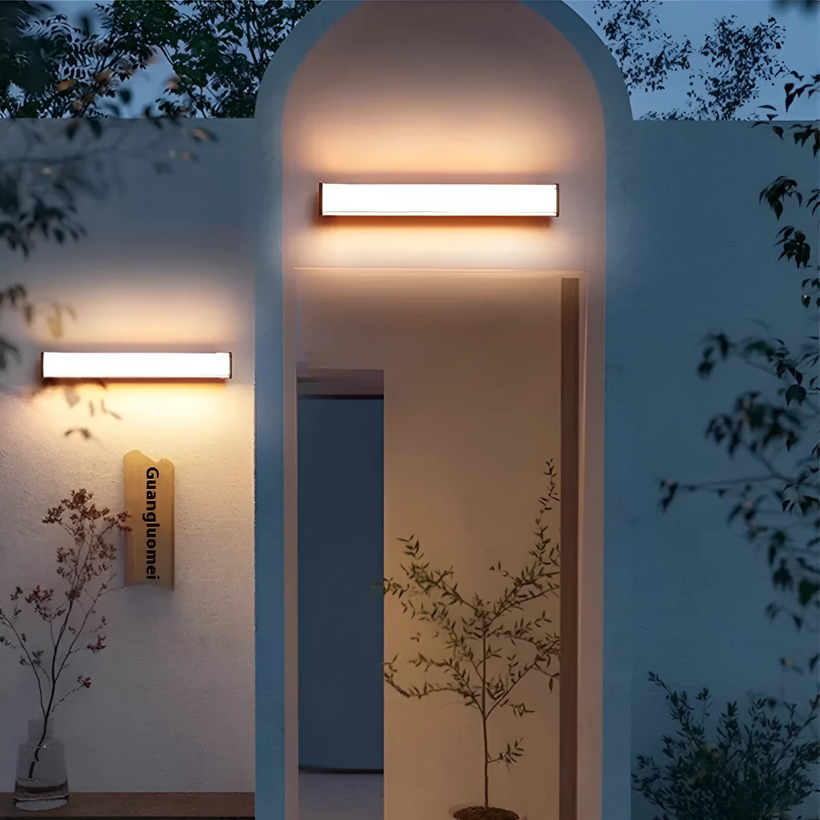 Modern simple outdoor wall lamp shown mounted on an exterior wall, suitable for villa or hotel entrance.