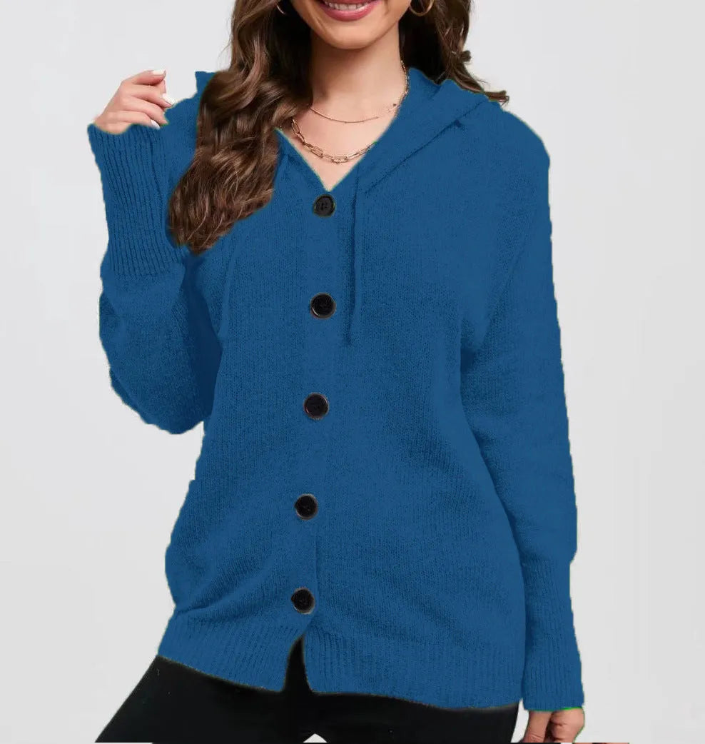 Women's thick cotton hooded cardigan sweater in loose fit solid colour