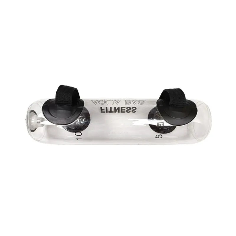 Transparent inflatable PVC bag filled with water, serving as an adjustable weight for strength training.